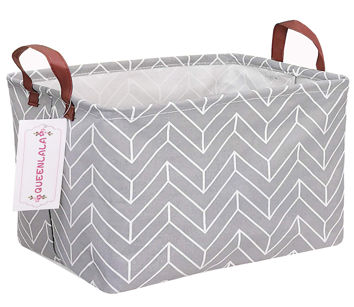 QUEENLALA rectangular laundry hamper close-up showing durable polyester-linen blend with waterproof coating