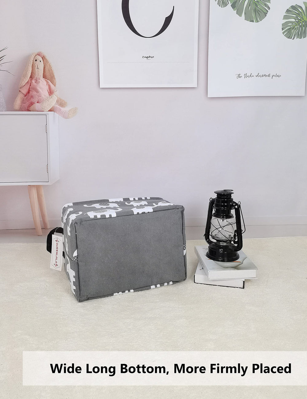 QUEENLALA rectangular laundry hamper showing dirty clothes organization in a bedroom.