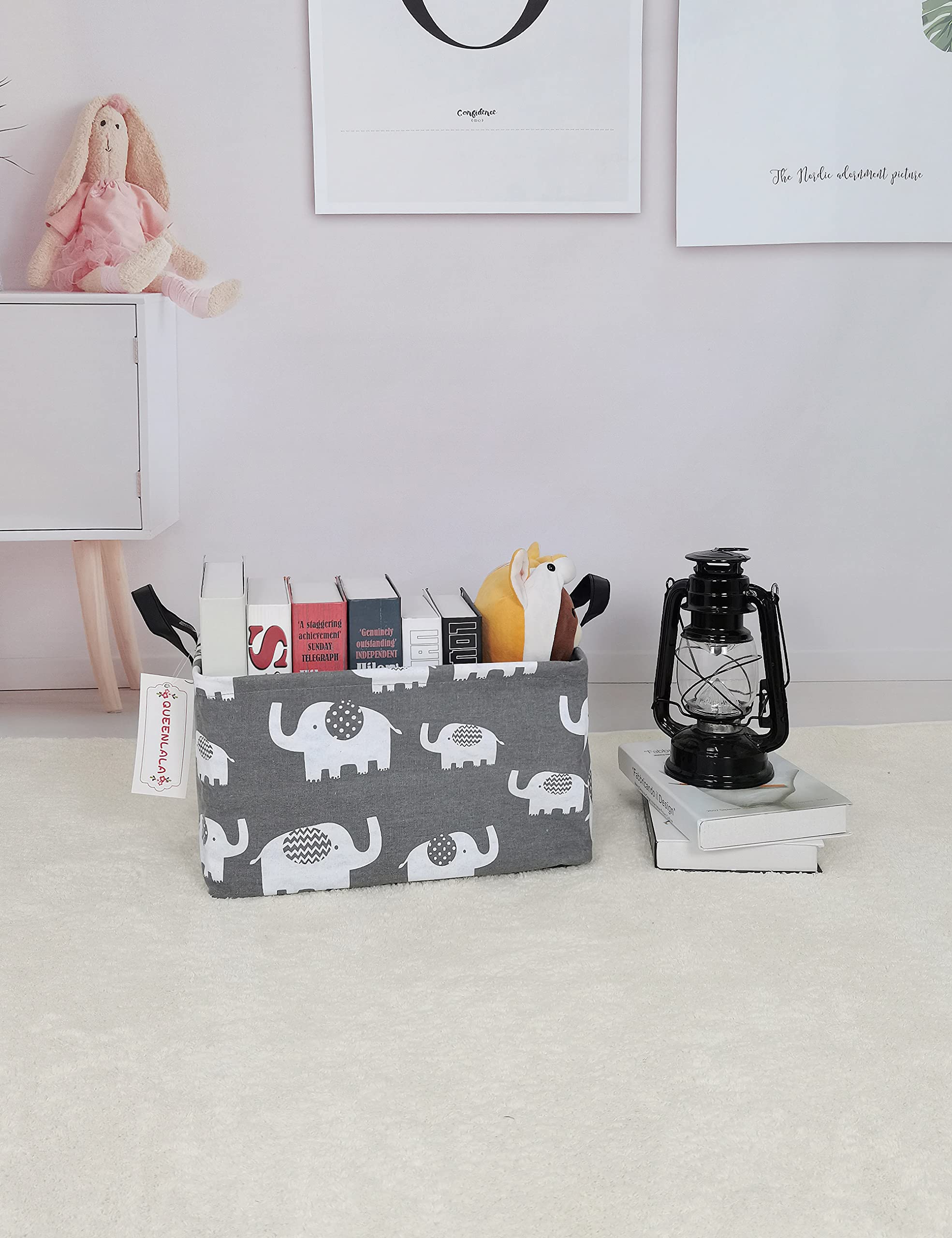 QUEENLALA rectangular laundry hamper fabric texture highlighting polyester canvas and linen.
