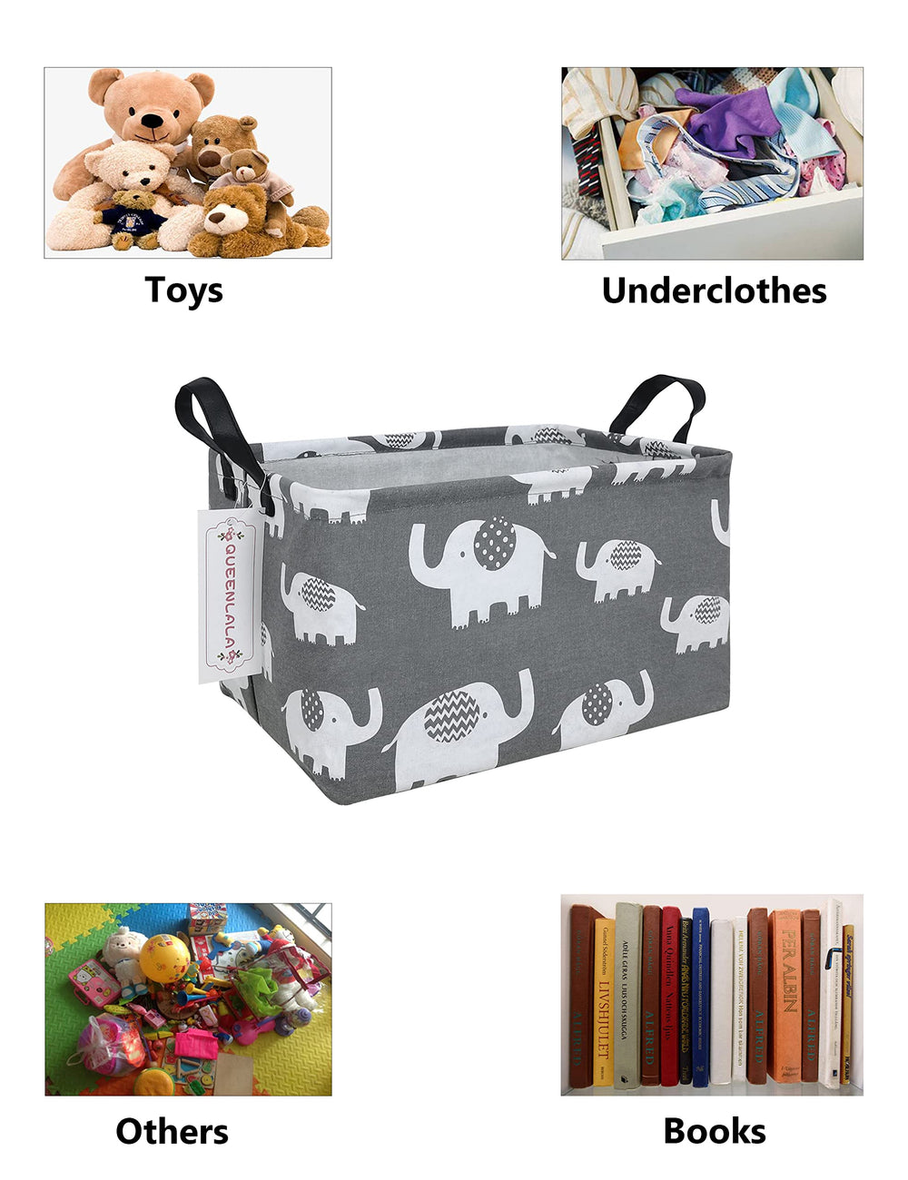 QUEENLALA rectangular laundry hamper used to store toys and books in a nursery.