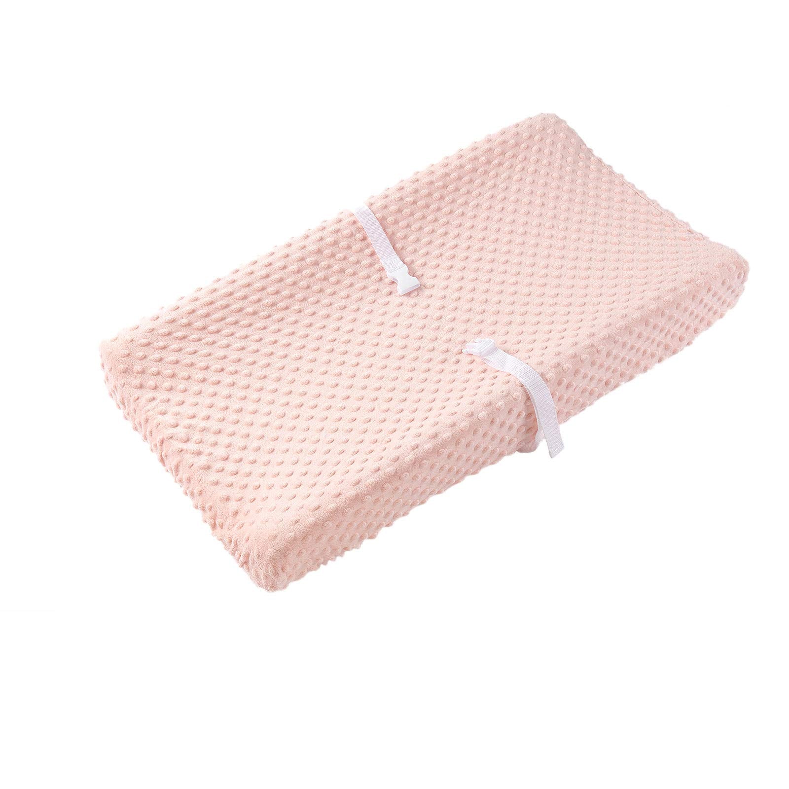 QUENESS baby changing pad cover in coral pink with plush fabric texture for gentle changes.