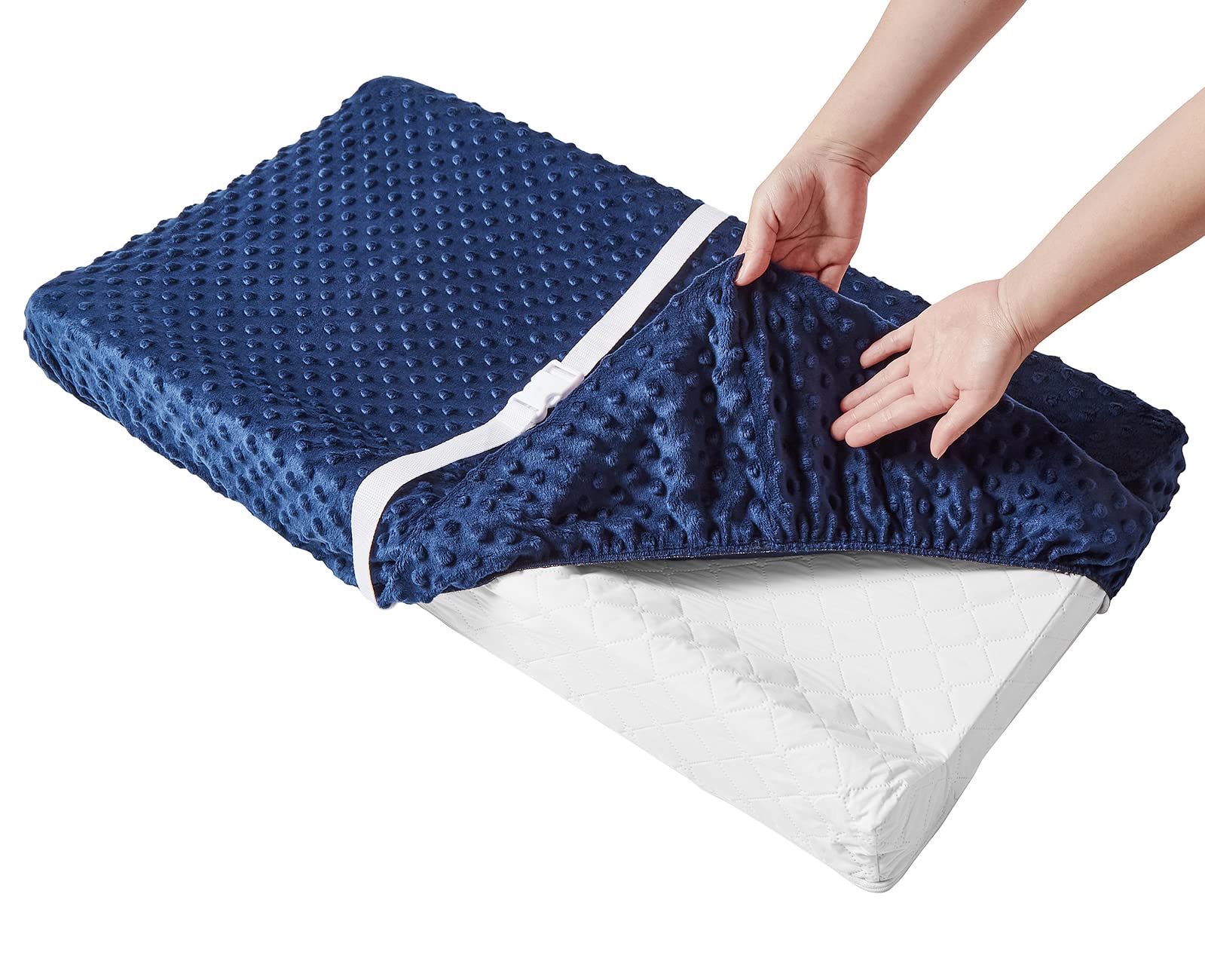 QUENESS Baby Changing Pad Cover Estate Blue stitching detail highlights durable seams.