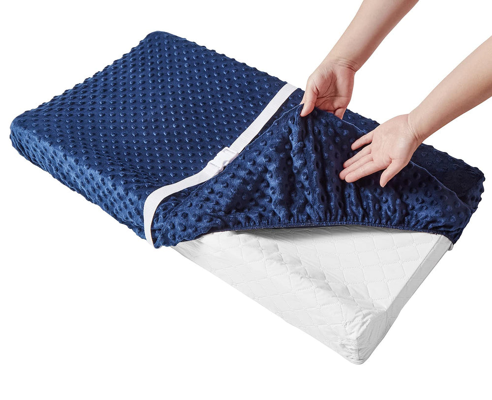 QUENESS Baby Changing Pad Cover Estate Blue stitching detail highlights durable seams.