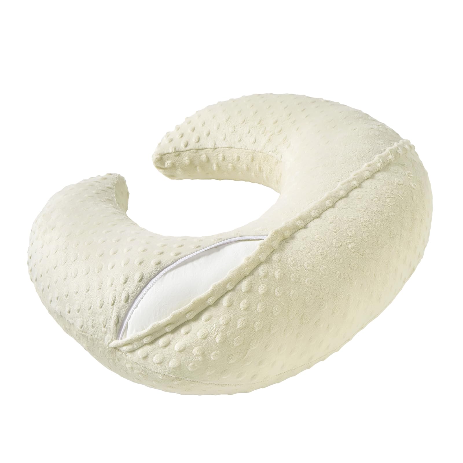 QUENESS nursing pillow cream-yellow side view emphasizes back and shoulder comfort
