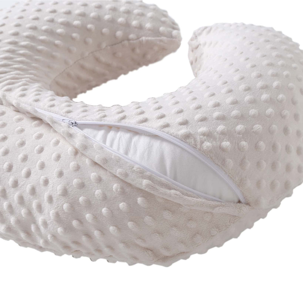 QUENESS Nursing Pillow beige baby feeding scene highlights ergonomic support.