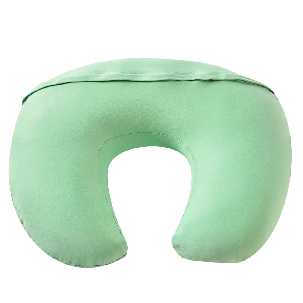 QUENESS nursing pillow green baby feeding position demonstrates supported latching.