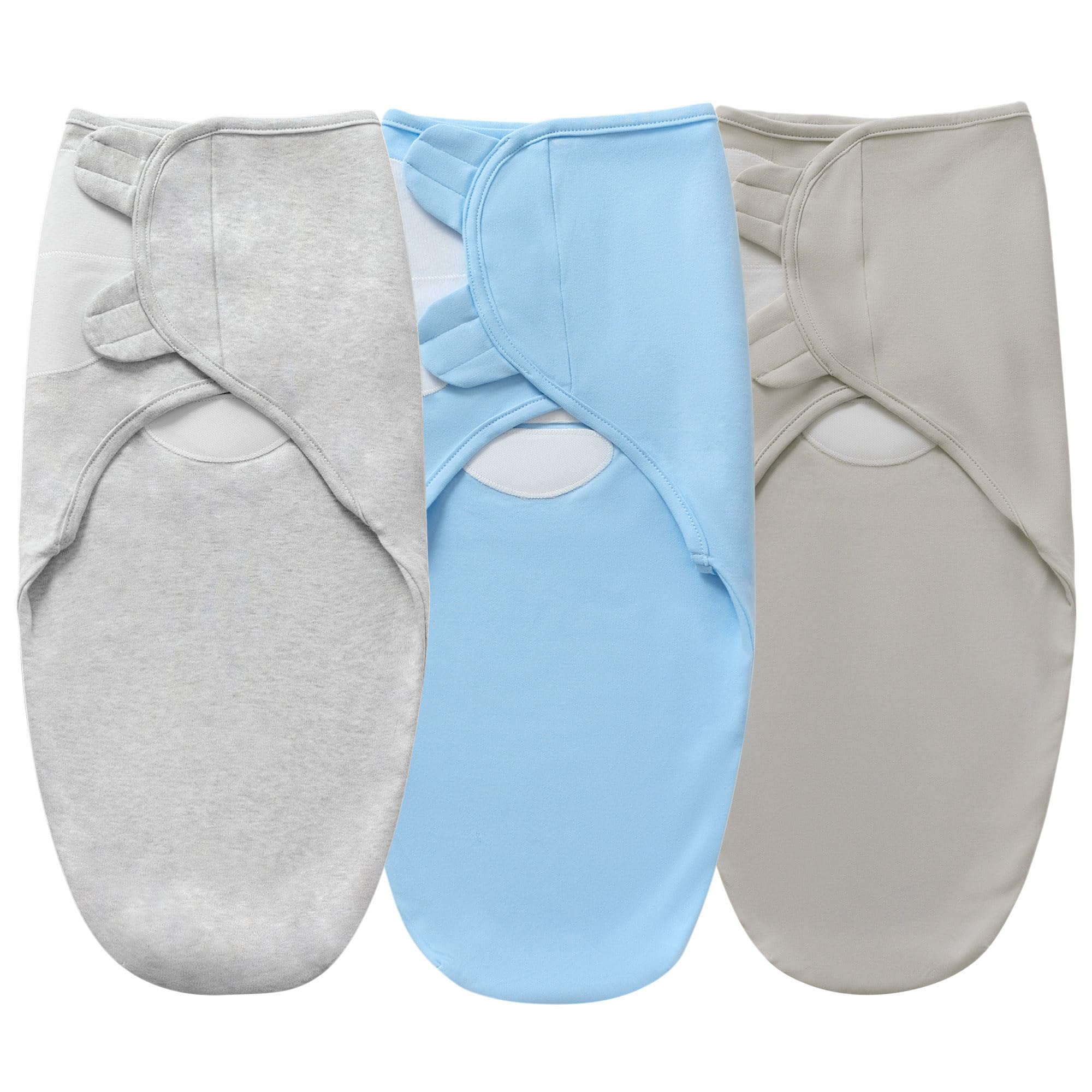 Queness baby swaddle blue front view, breathable cotton for cozy sleep.