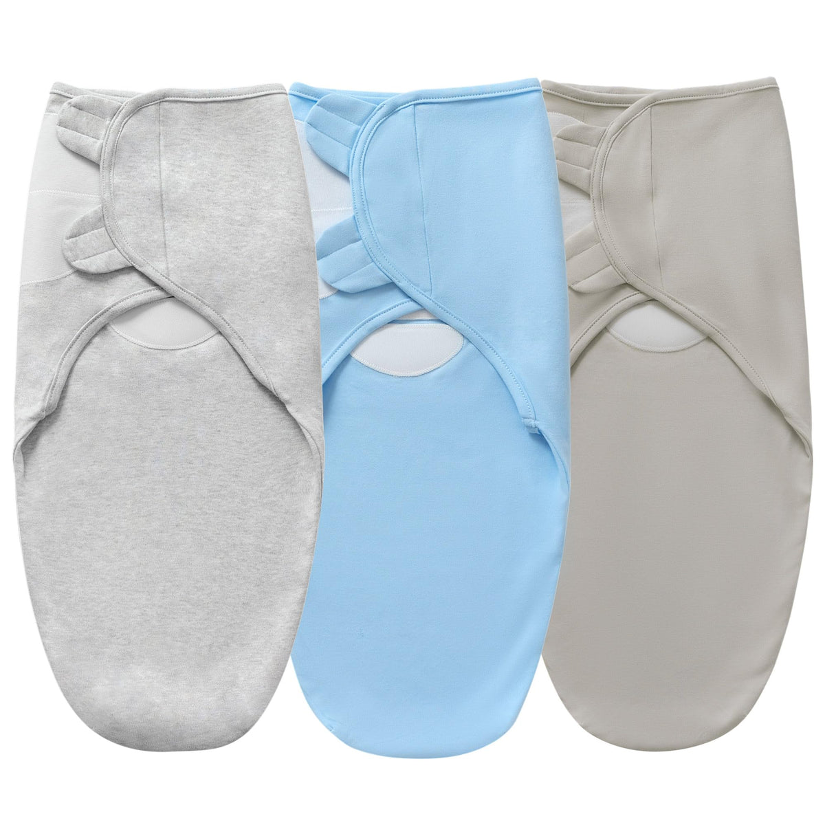 Queness baby swaddle blue front view, breathable cotton for cozy sleep.
