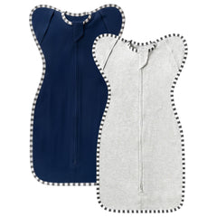 QUENESS Transition Swaddle 2-pack in light grey and estate blue supports gentle sleep transitions.