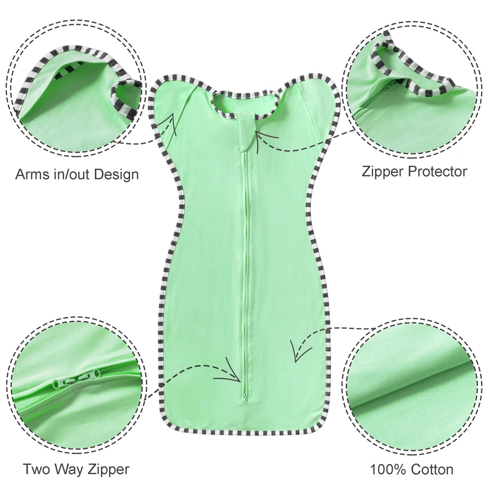 queness transition swaddle arm-up design close-up demonstrates room-to-stretch cuffs