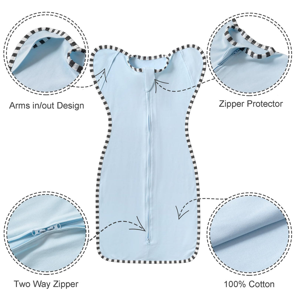 QUENESS transition swaddle arm-up design closeup demonstrates room for arm movement