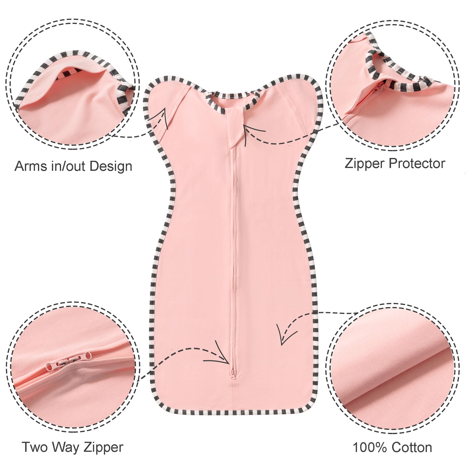 QUENESS Transition Swaddle beige demonstrates breathable cotton for secure, cozy naps.