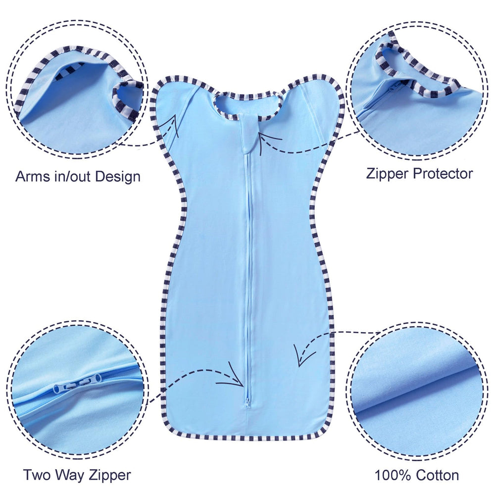 QUENESS Transition Swaddle in sky blue demonstrates breathable fabric for night readiness
