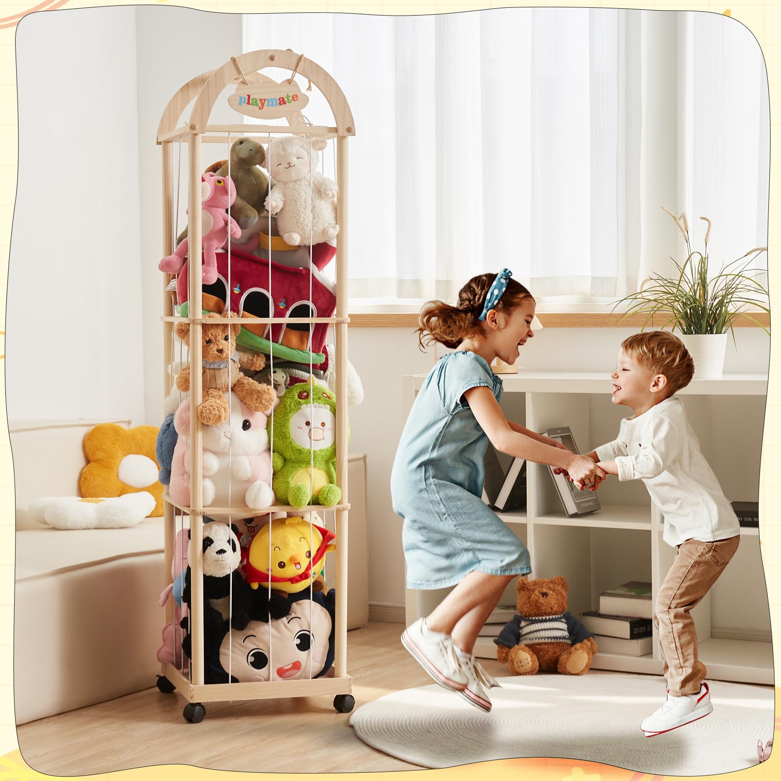Quewoll Large stuffed animal storage organizer—milestones rainbow tag hints growth-tracking moments.