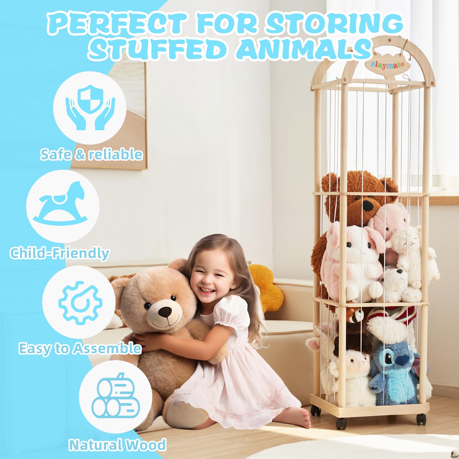 Quewoll Large stuffed animal storage organizer—side view shows compact footprint for small rooms.