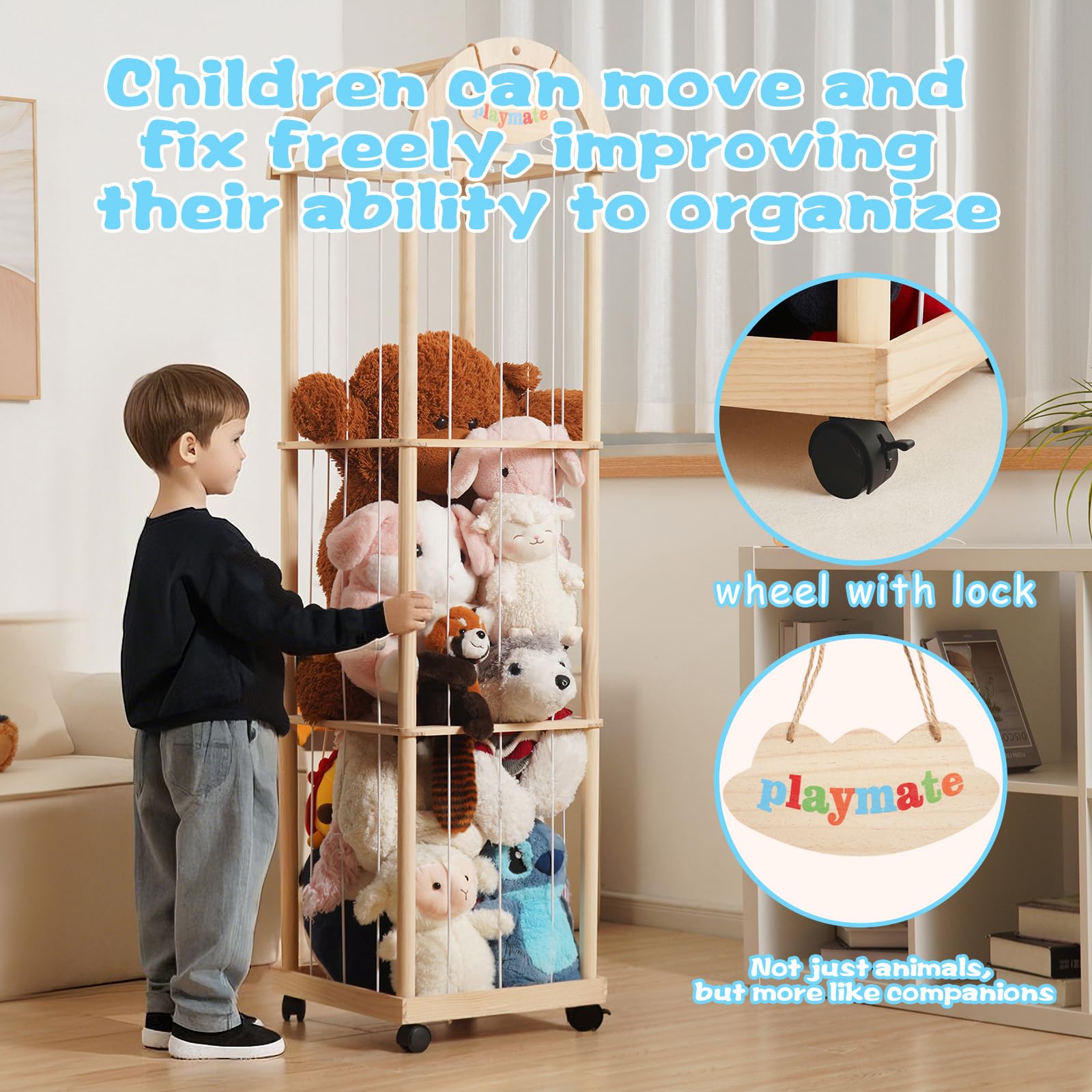 Quewoll Large stuffed animal storage organizer—close-up wood detail reveals natural pine finish.