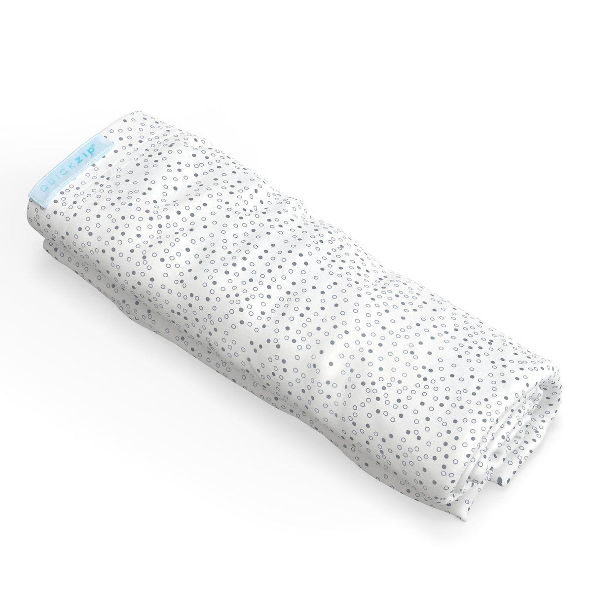 QuickZip crib extra zip-on sheet in gray dot on mattress enables quick, calm sheet changes.