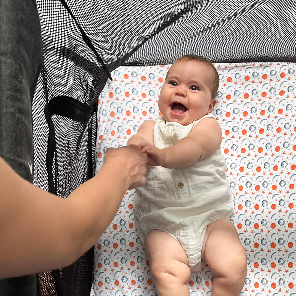 Quiggly packable travel crib sheets are convenient for on-the-go nurseries and daycare.