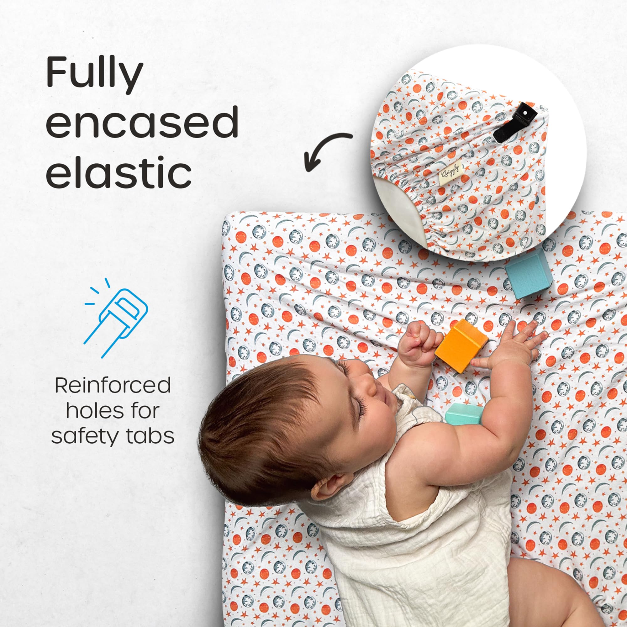 Quiggly secure-fit elastic with corner tabs keeps sheets in place during active sleep.