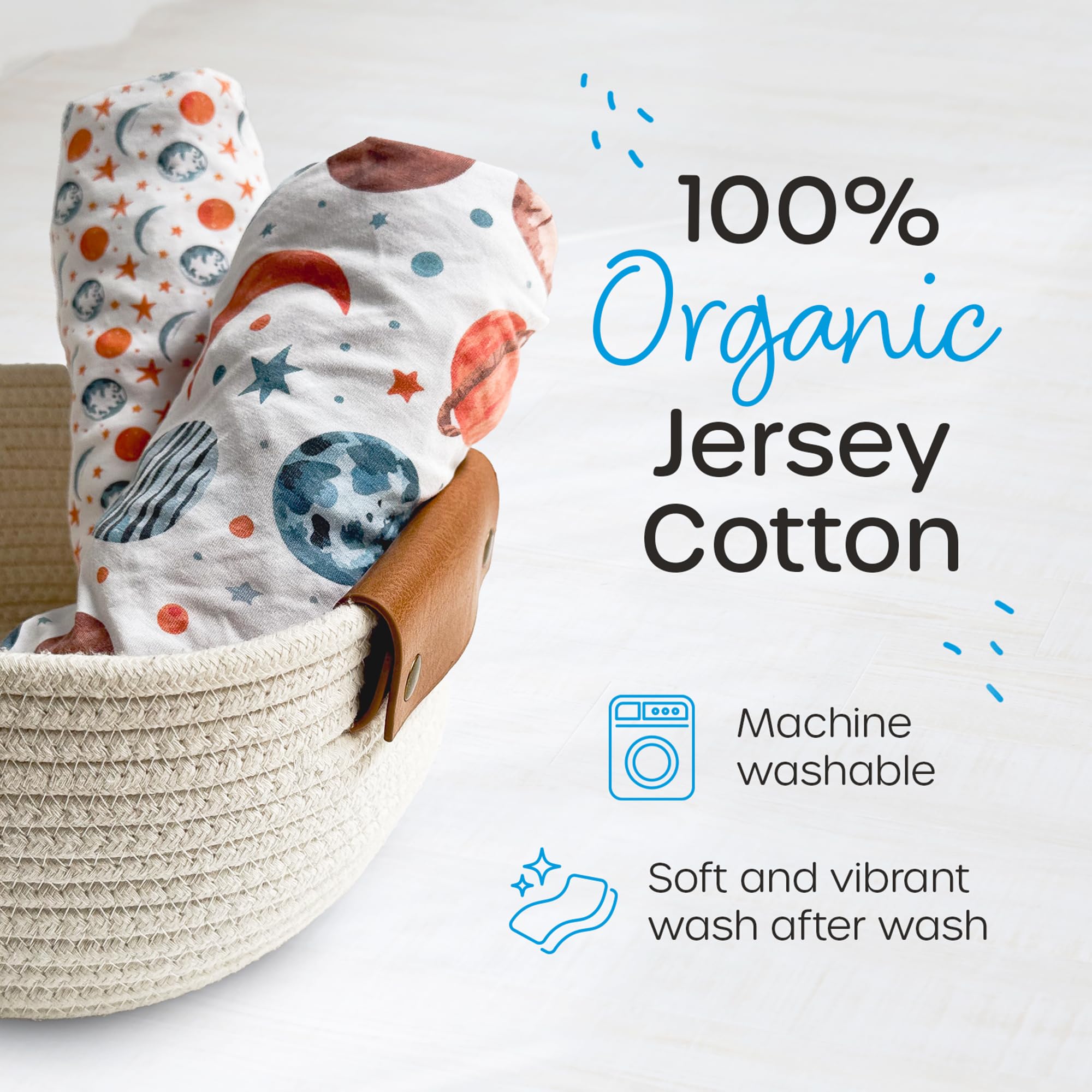 Quiggly travel crib sheets in planet pattern add playful decor while keeping baby cozy.