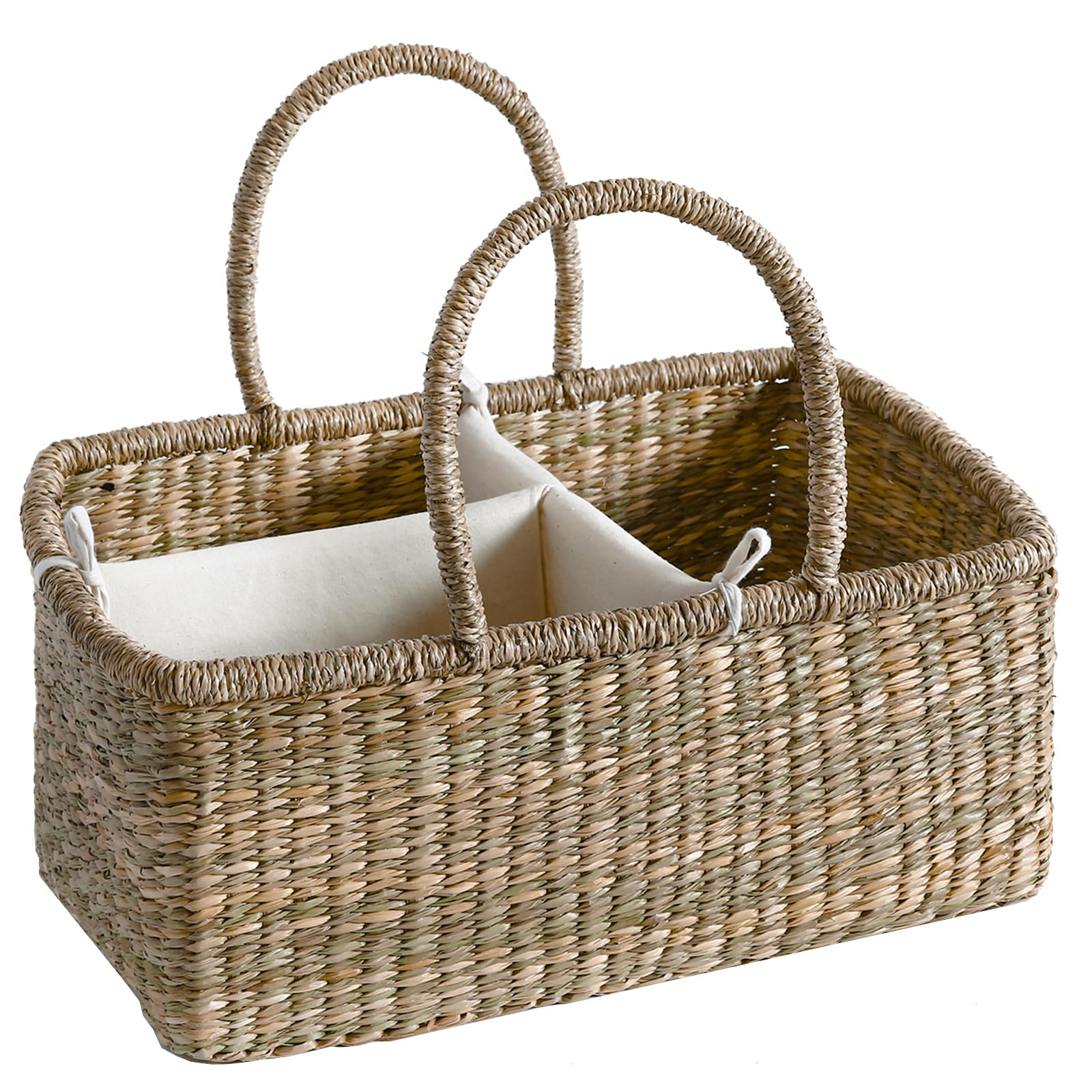 Quincry Premium Wicker Diaper Caddy exterior shows natural seagrass and sturdy handles for easy diaper organization