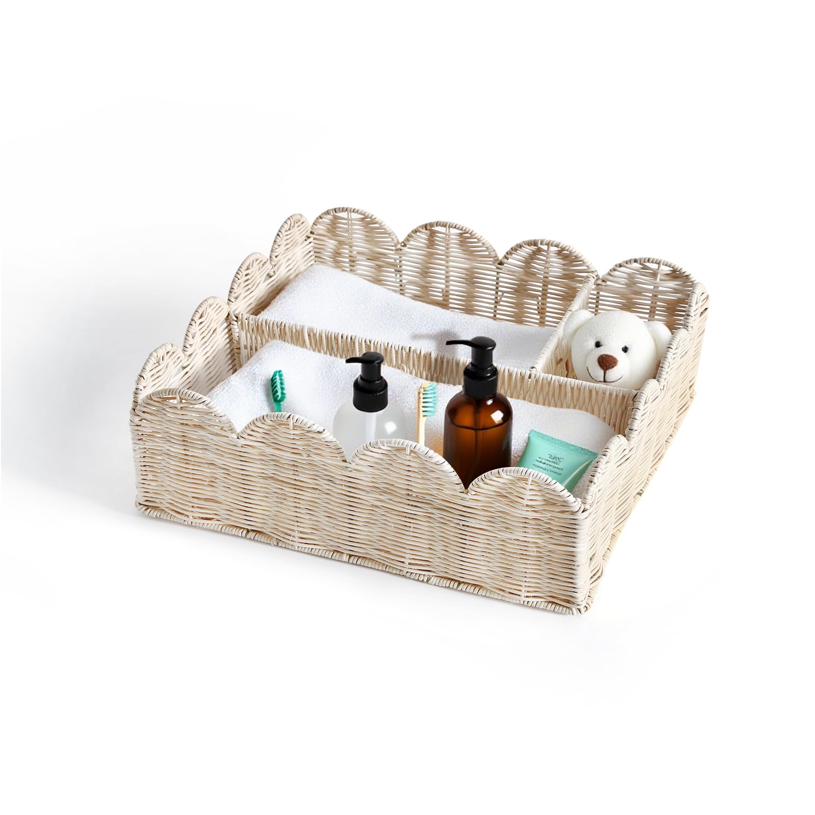 Quincry rattan divided scalloped basket front view for organized baby items.