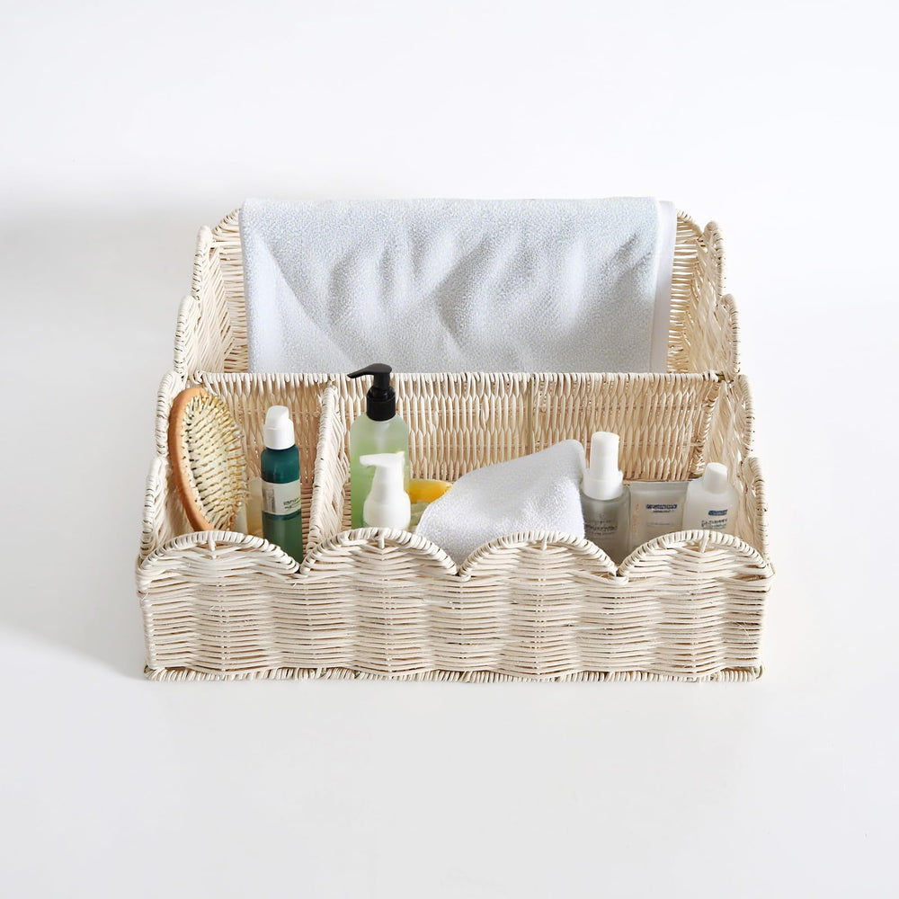 Quincry rattan divided scalloped basket side view highlighting four dividers.