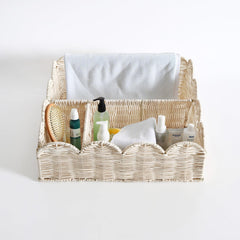 Quincry rattan divided scalloped basket side view highlighting four dividers.