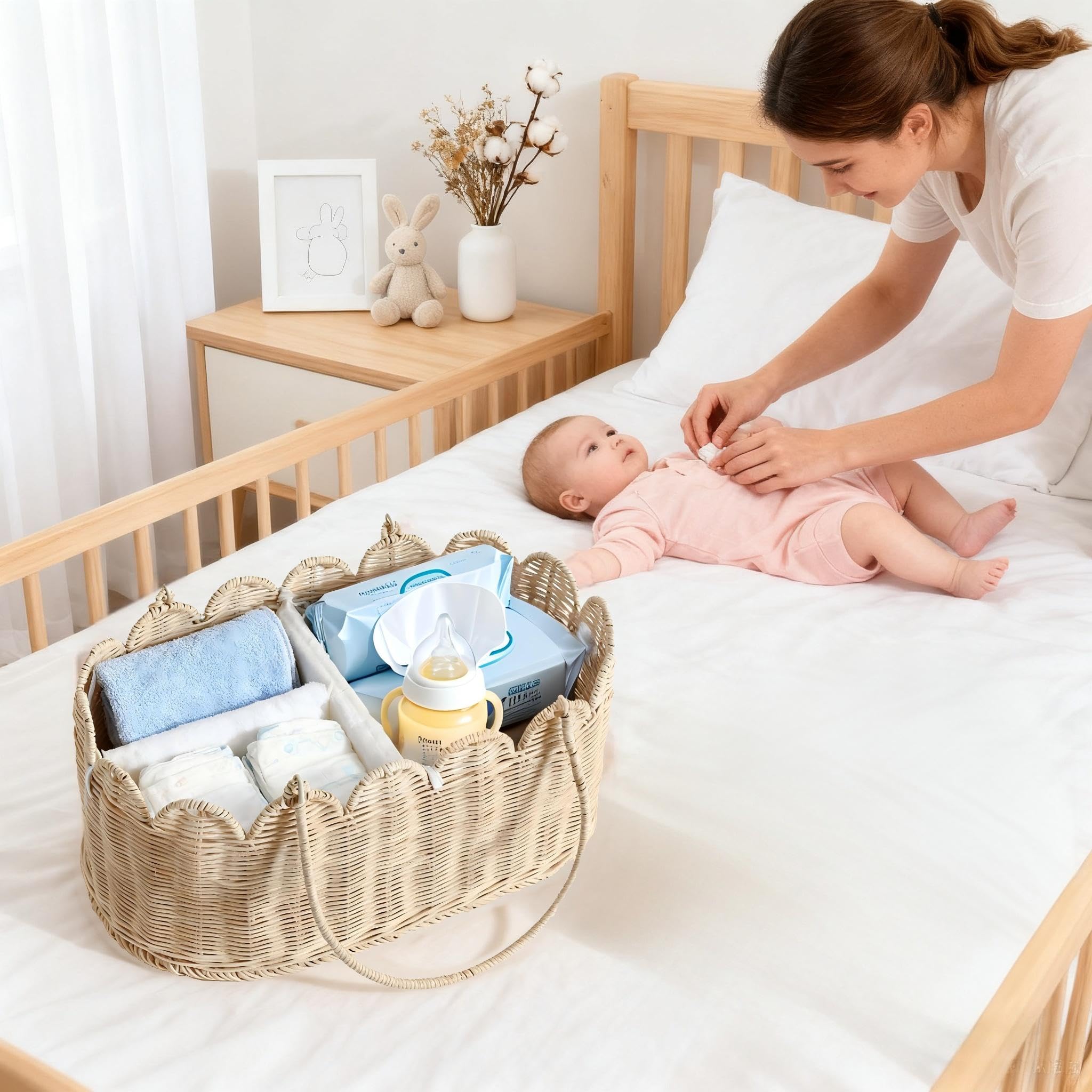 Quincry woven diaper caddy keeps essentials tidy with a three-section divider.
