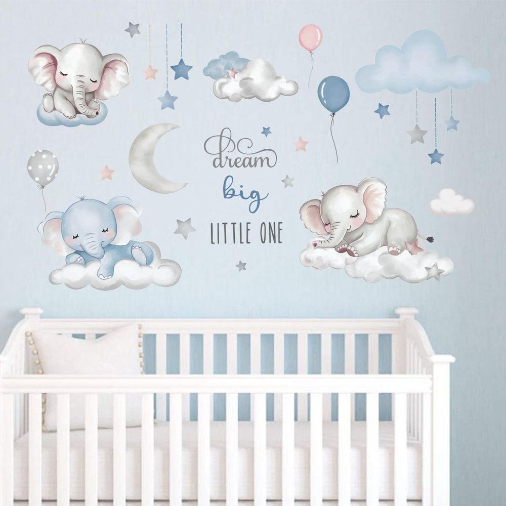 Quinspir Dream Big elephant wall stickers on cloud transform kid's room into a cozy sleep space.