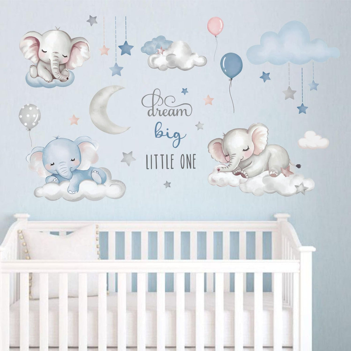 Quinspir Dream Big elephant wall stickers on cloud transform kid's room into a cozy sleep space.