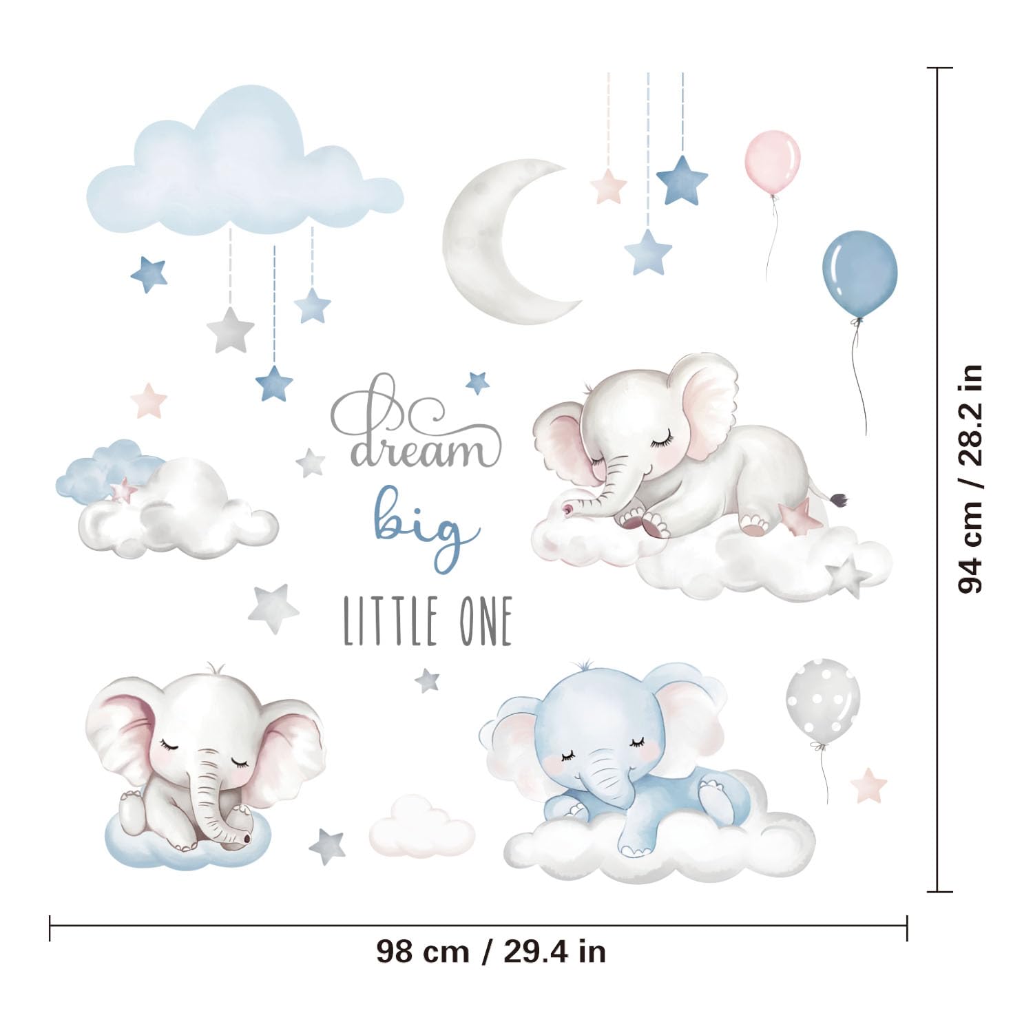 Quinspir Dream Big elephant wall stickers on cloud brighten kids’ rooms with playful imagination.