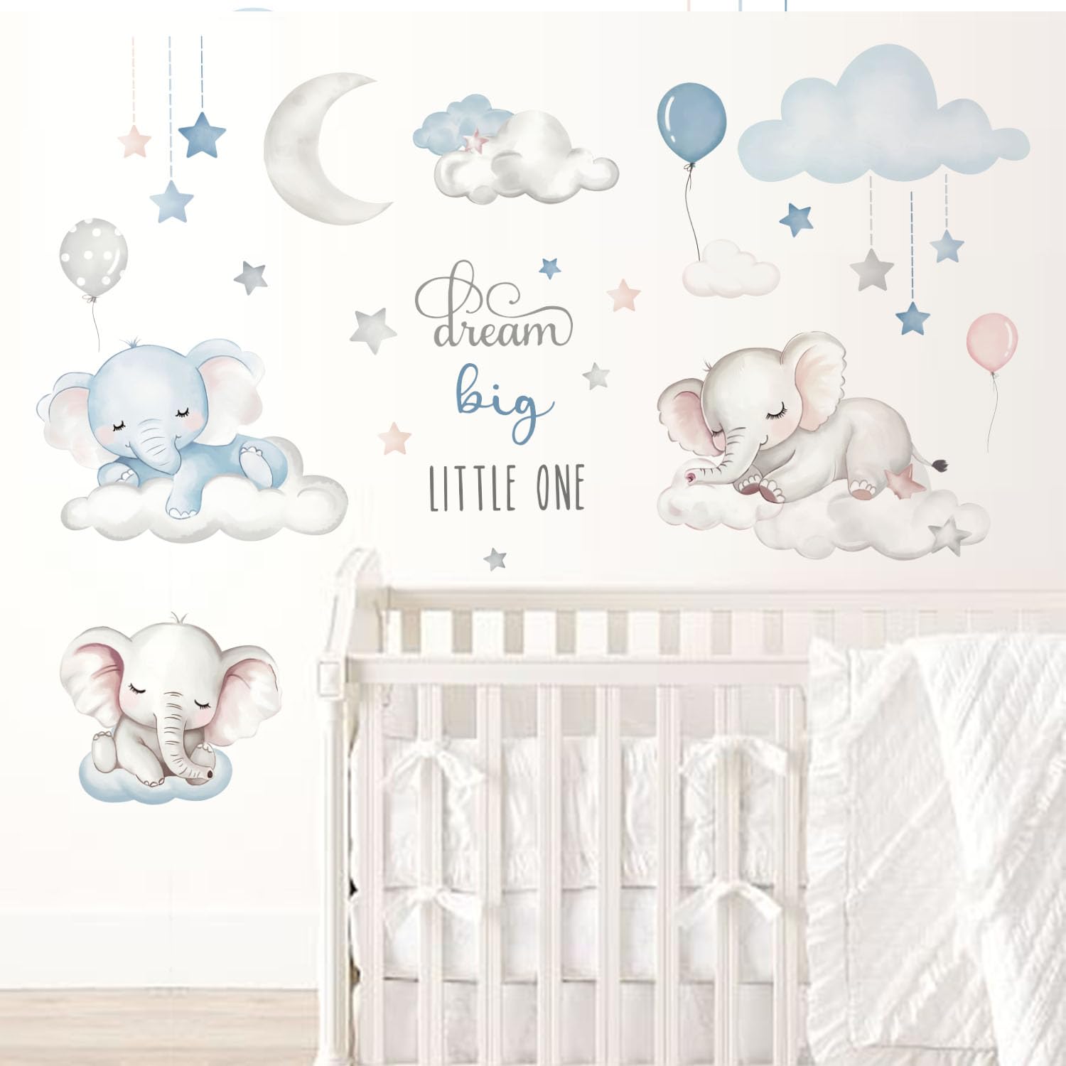 Quinspir Dream Big elephant wall stickers on cloud add removable, waterproof decor to nurseries.