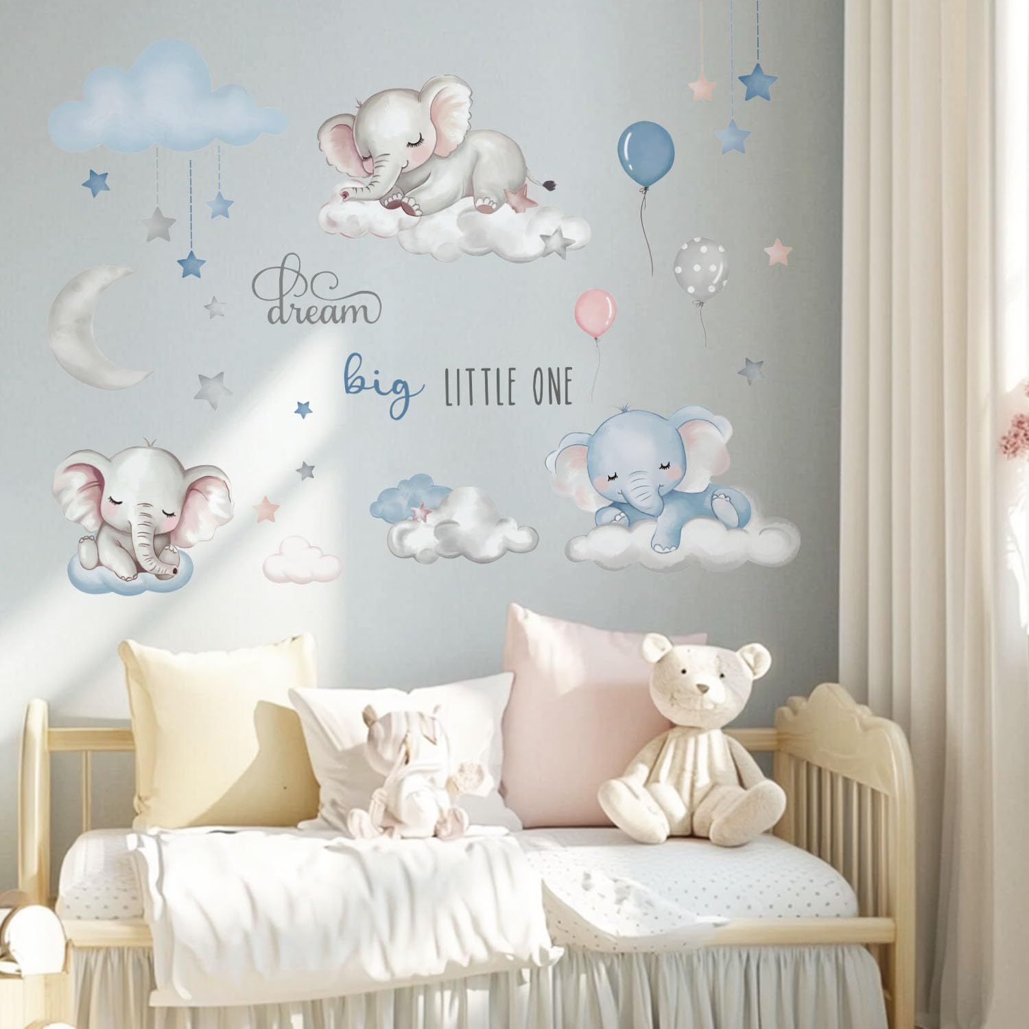 Quinspir Dream Big elephant wall stickers on cloud decorate bedrooms for a cozy bedtime routine.