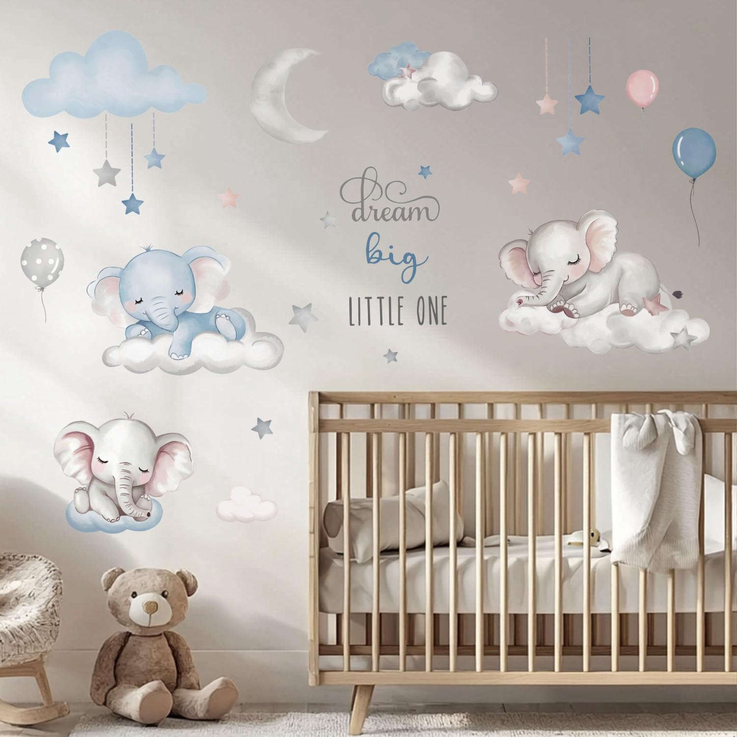 Quinspir Dream Big elephant wall stickers on cloud foster imaginative play and calm mornings.