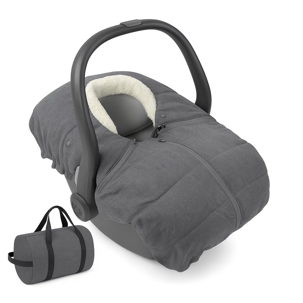 Quintriae winter car seat cover with plush fleece lining warms baby during cold strolls.