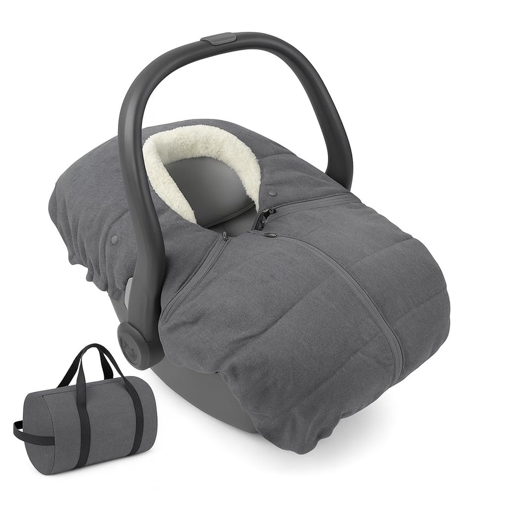 Quintriae winter car seat cover with plush fleece lining warms baby during cold strolls.