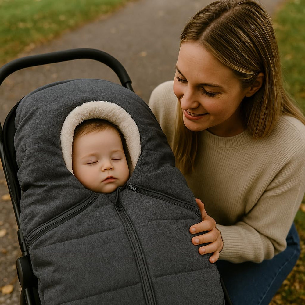 Quintriae winter cover fits UPPAbaby Aria and Mesa car seats for secure compatibility.