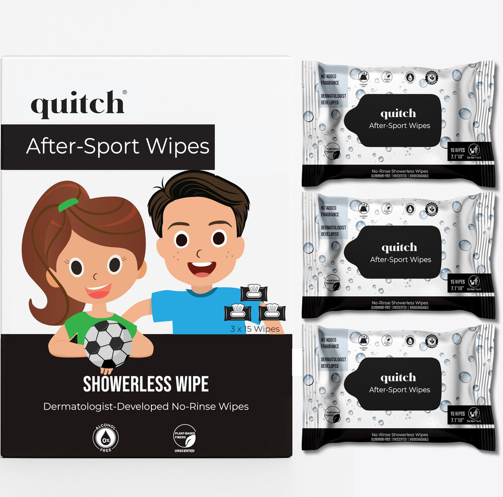 Quitch After-Sport Wipe packaging highlights plastic-free, plant-based design for easy purchase.