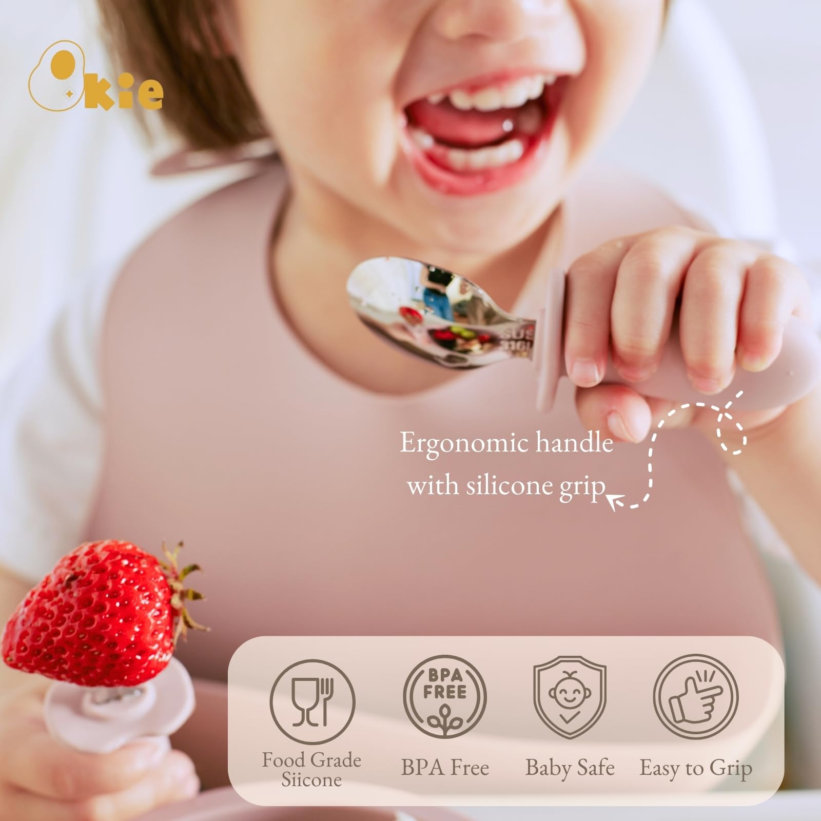 Qkie easy-grip-handle utensils help little hands learn self-feeding.