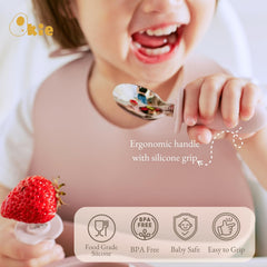 Qkie easy-grip-handle utensils help little hands learn self-feeding.