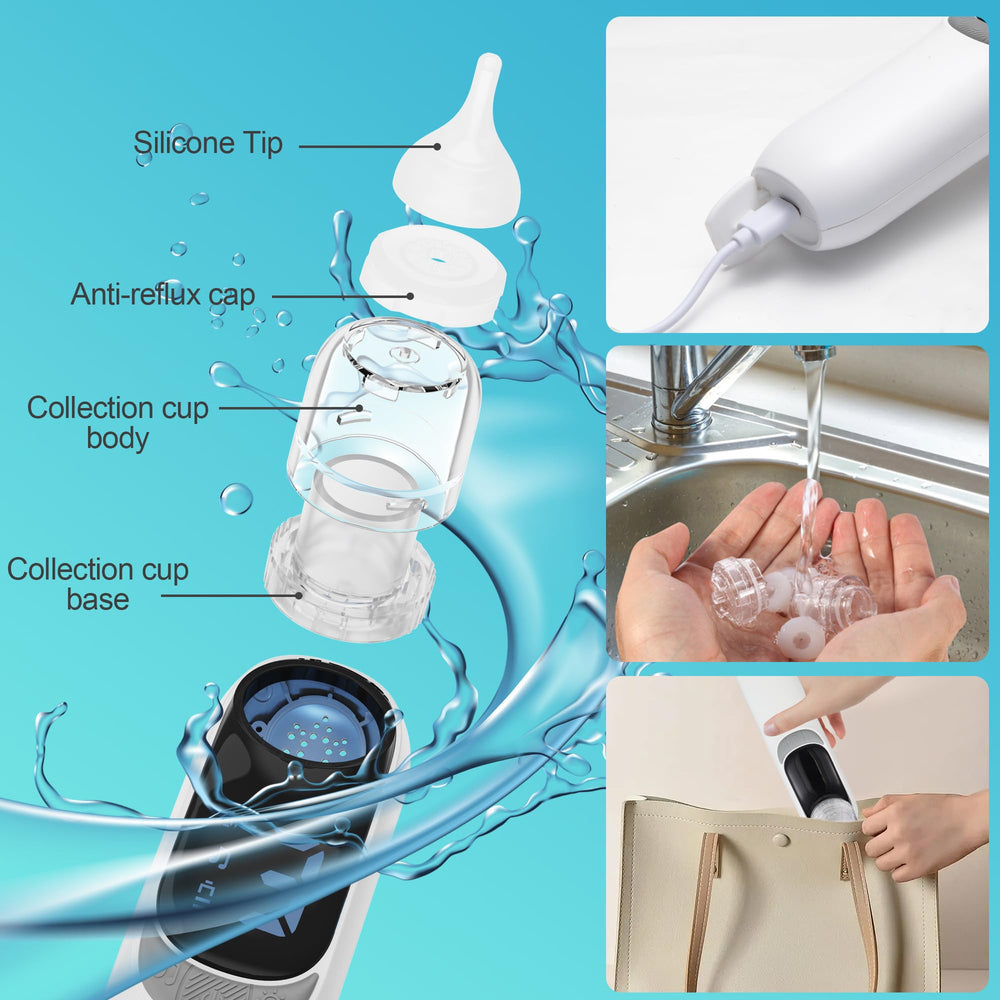 Qulief nasal aspirator collection cup close-up shows easy-to-clean, removable parts.