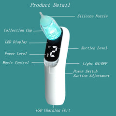 Qulief nasal aspirator rechargeable battery highlights long-use between charges for trips.
