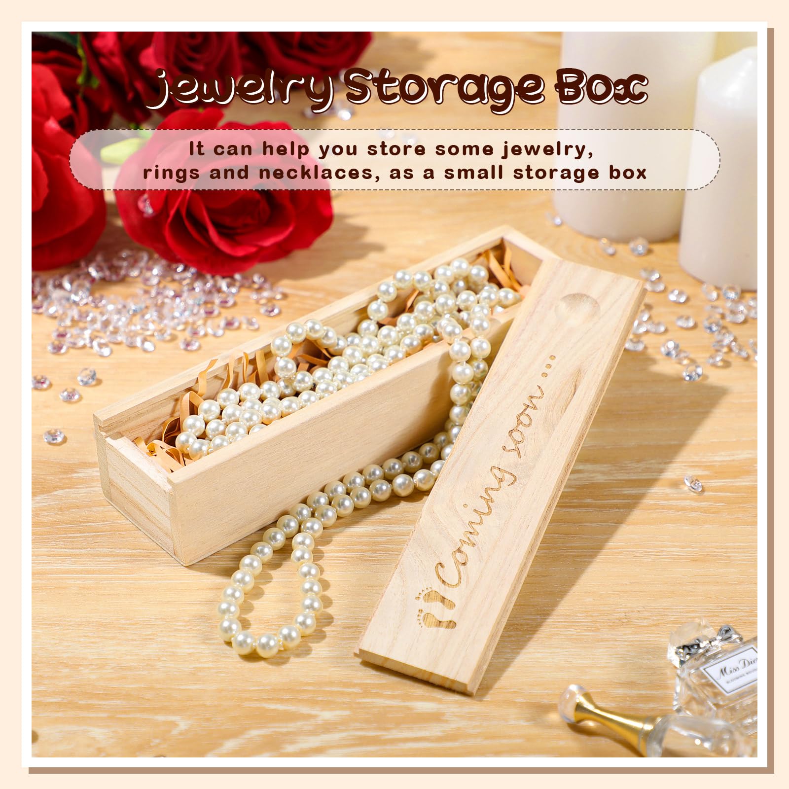 Qunclay pregnancy test keepsake box front design features footprints and Coming Soon engraving for anticipation.