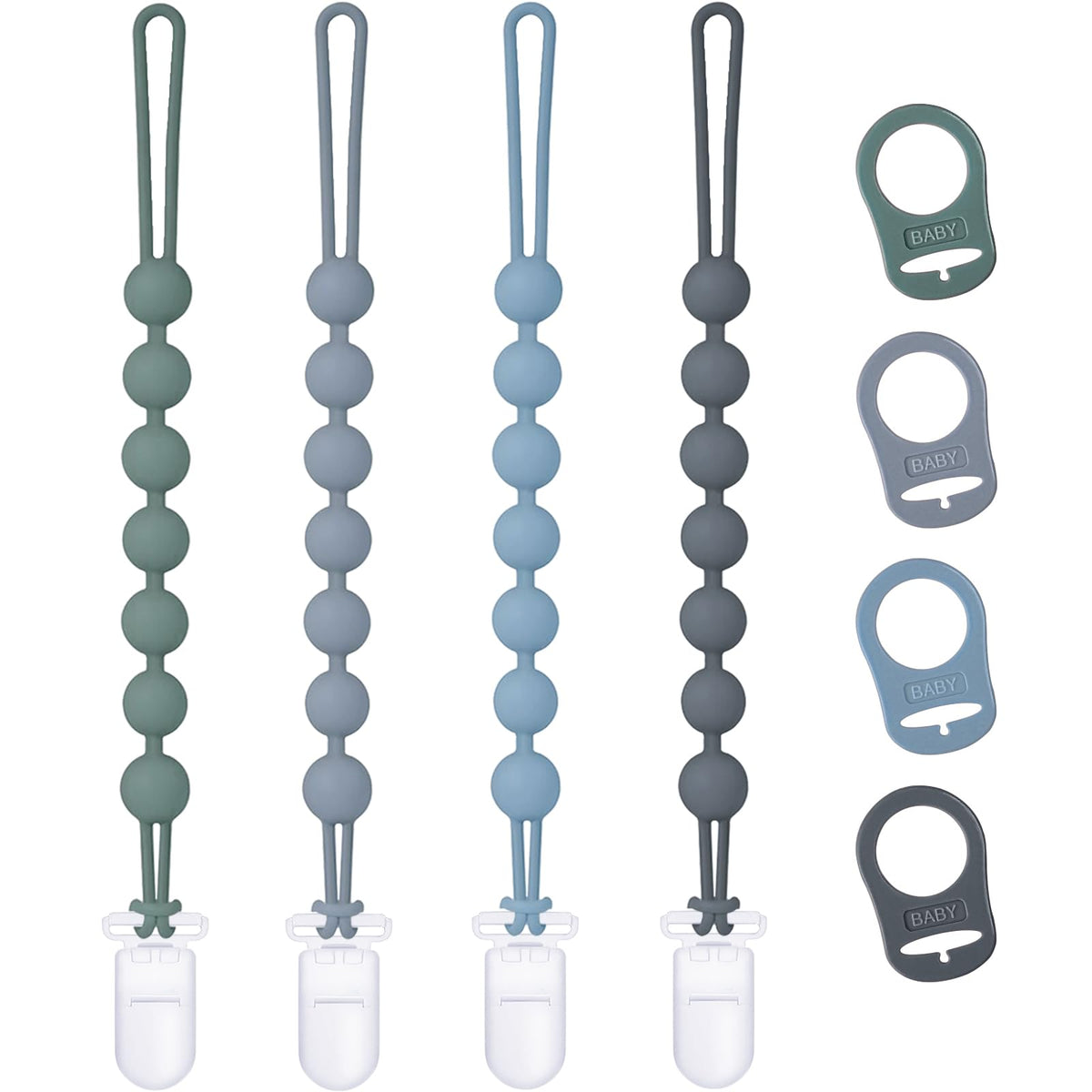 Qunland silicone pacifier clip blue close-up showing secure fit and color option for dummies
