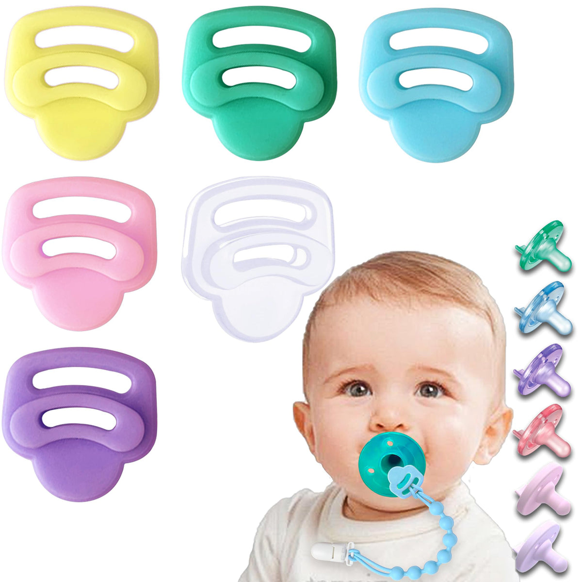 Qunland 6-pack silicone pacifier clip adapter rings offer secure storage and cleanliness.