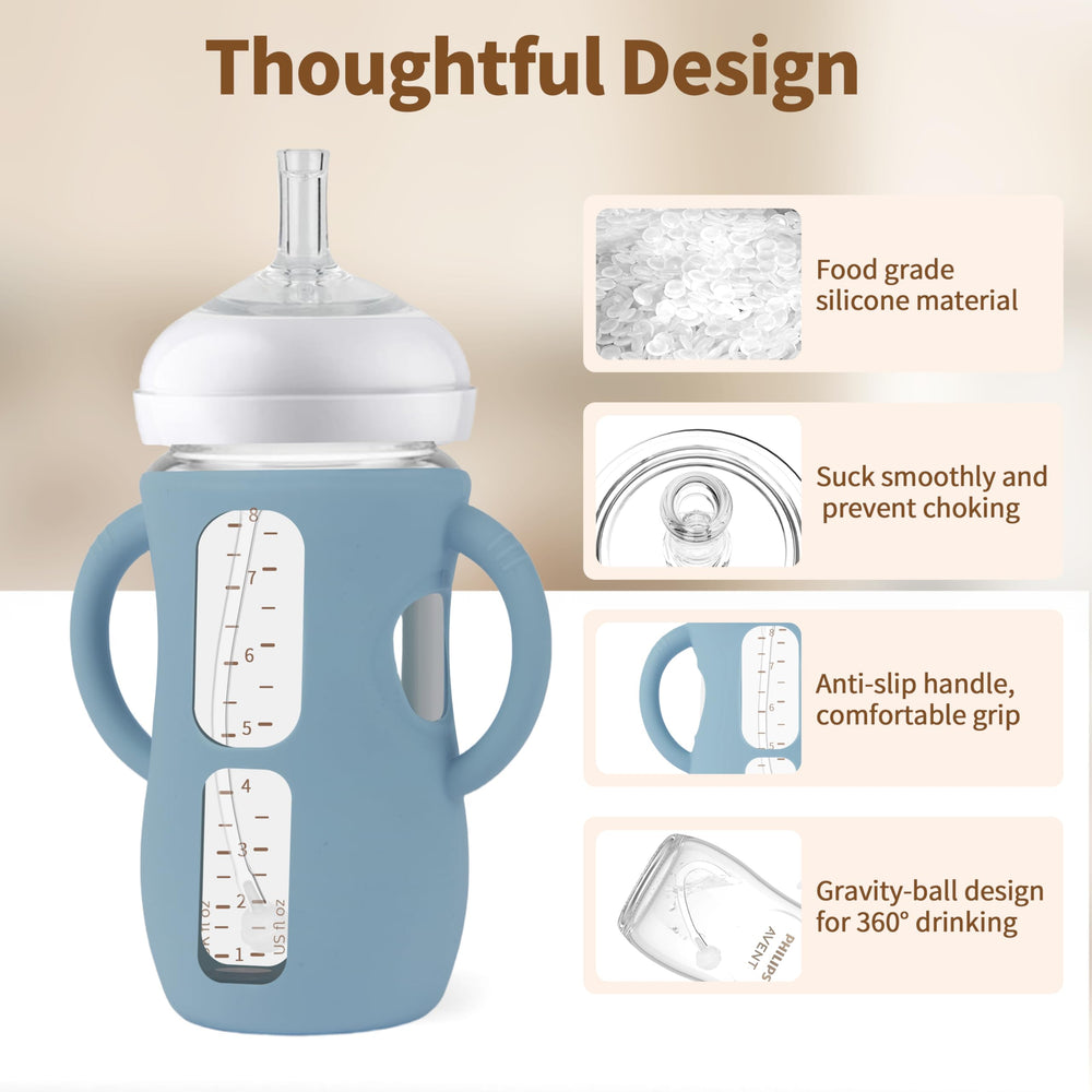 Qunland Avent glass bottle with ergonomic silicone sleeves for secure grip and independent holds.