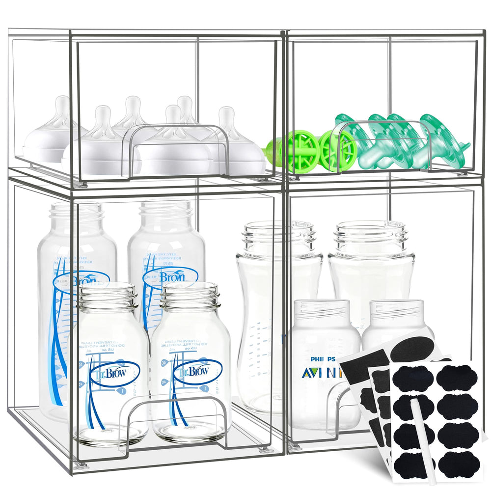 Qunland baby bottle organizer 4-pack shown as a clear, stackable set for tidy nursery storage.