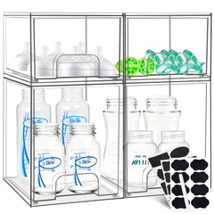 Qunland baby bottle organizer 4-pack shown as a clear, stackable set for tidy nursery storage.