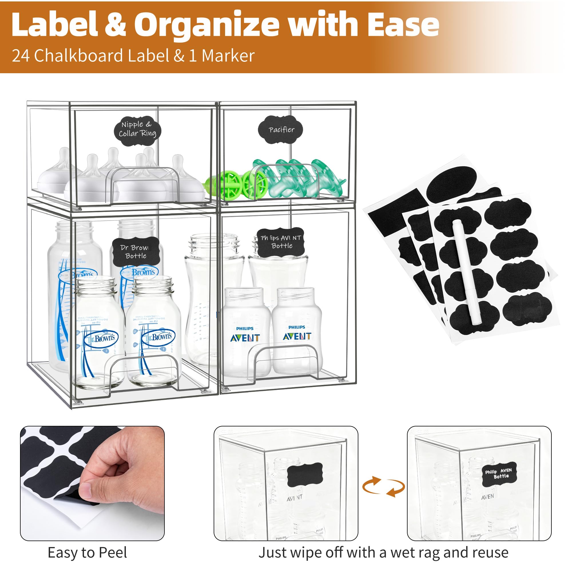 Qunland bottle organizer with labels featuring 24 waterproof chalkboard labels for customization.